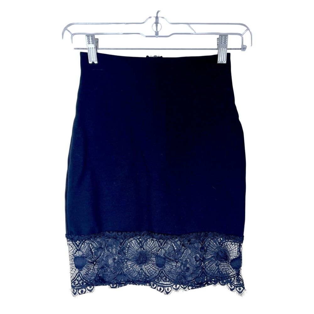 Solemio Skirt Women Small Black High Waisted Mini Sheer Floral Lace Hem 22 x 19